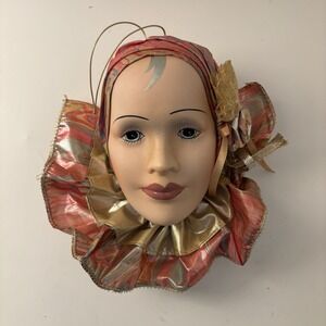 VTG Porcelain Clown Face Mask Wall Hanging Pink Gold Harlequin Pierrot 80s